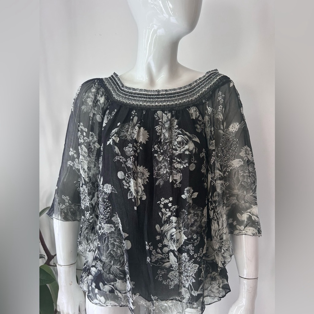 Camilla silk Off Shoulder Shirred Blouse
Moonshine Bloom Floral Black Top
